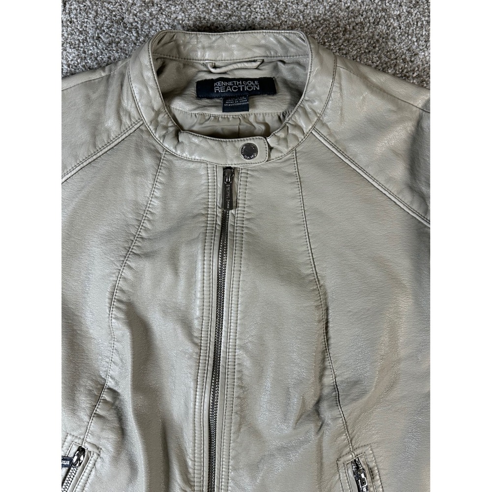 Kenneth Cole Reaction Womens Faux Leather Moto Jacket Beige XXL Full Zip